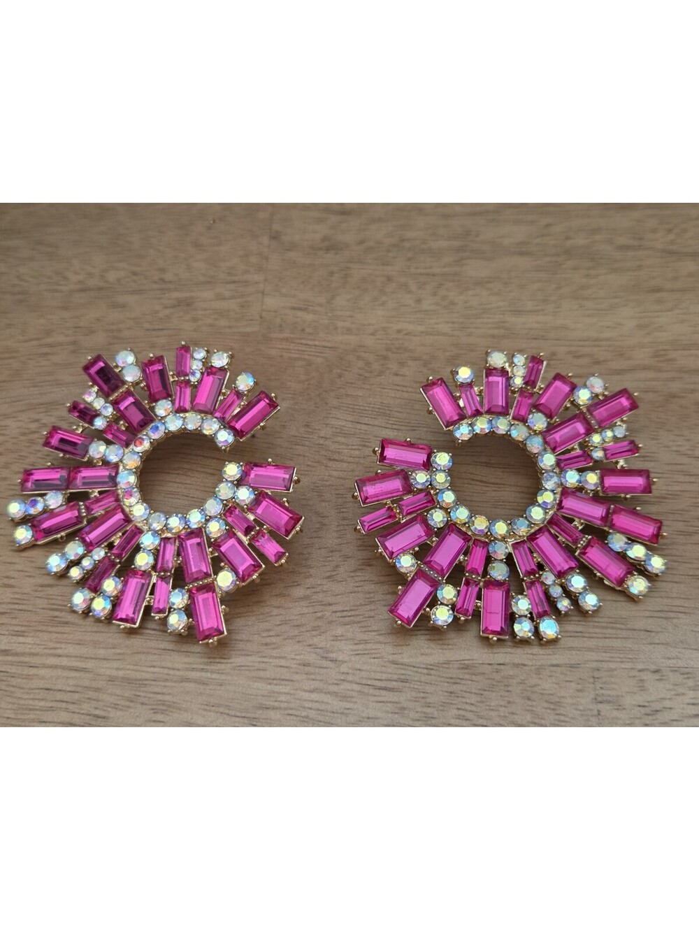 Pink Fuchsia Rhinestone Statement Hoop Earrings Large Crystal Sunburst Post